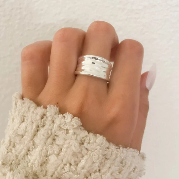 925 Sterling Silver Chunky Ring Thick Ring Silver Wide Textured Ring Band - Picture 2 of 9